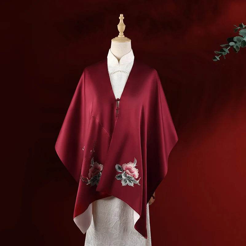 Embroidery Luxurious 16 Momme Silk Satin Red Shawl 185x45cm - Image 2