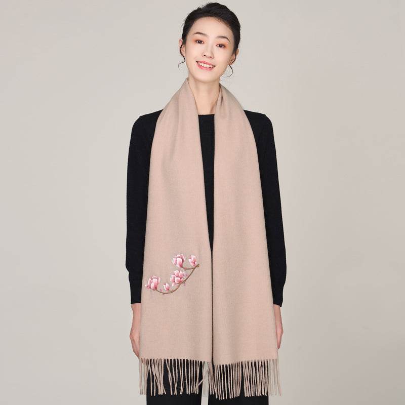 Handmade Suzhou Embroidery Wool Cashmere Scarf with Magnolia Flower 200x38cm - Image 4