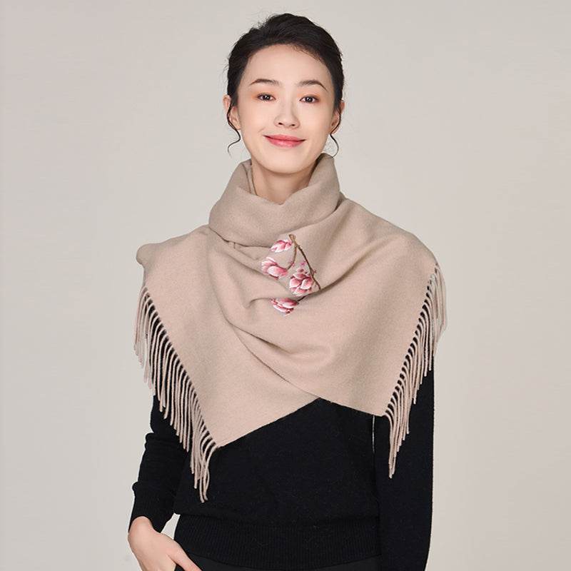 Handmade Suzhou Embroidery Wool Cashmere Scarf with Magnolia Flower 200x38cm - Image 3