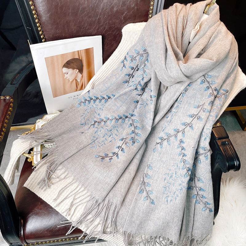 Embroidery 100% Pure Cashmere Scarf Vine Winter Accessory 200x60 cm - Image 4