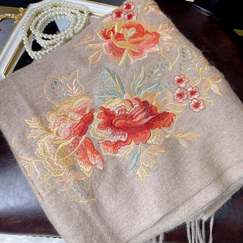 Embroidery 100% Pure Cashmere Scarf Elegant Floral Design 200x60 cm - Image 3