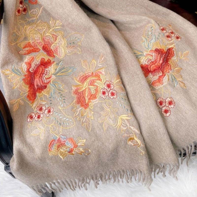 Embroidery 100% Pure Cashmere Scarf Elegant Floral Design 200x60 cm - Image 5
