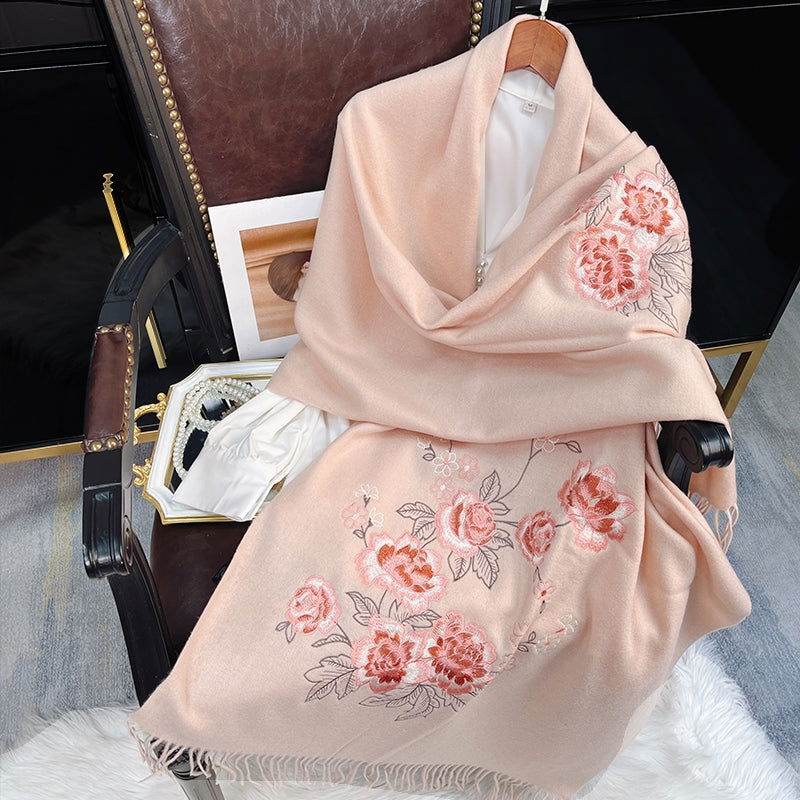 Embroidery 100% Pure Cashmere Scarf Pink Lotus 200x60 cm - Image 2