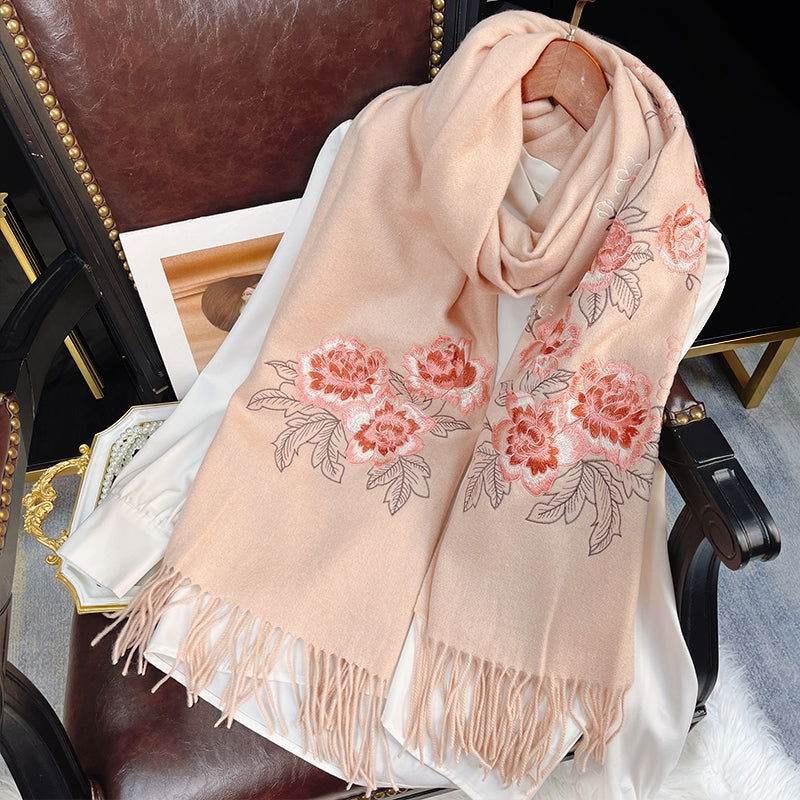 Embroidery 100% Pure Cashmere Scarf Pink Lotus 200x60 cm - Image 4