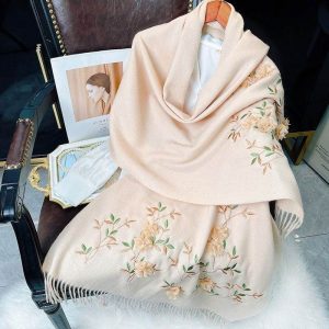 Embroidery 100% Pure Cashmere Scarf Rose 200x60 cm