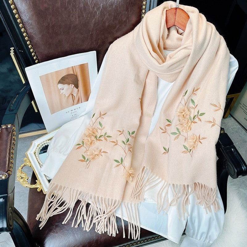 Embroidery 100% Pure Cashmere Scarf Rose 200x60 cm - Image 4