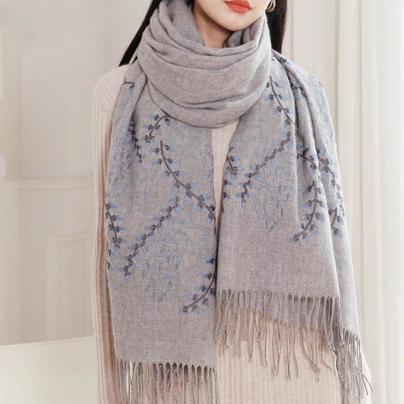 Embroidery 100% Pure Cashmere Scarf Vine Winter Accessory 200x60 cm - Image 2