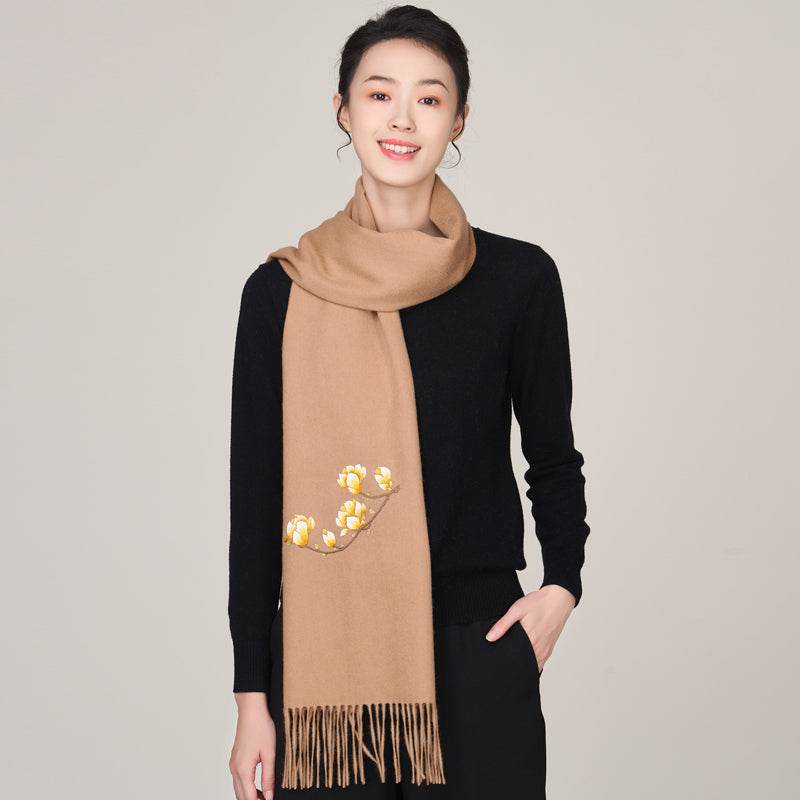 Handmade Suzhou Embroidery Wool Cashmere Scarf with Magnolia Flower 200x38cm - Image 9