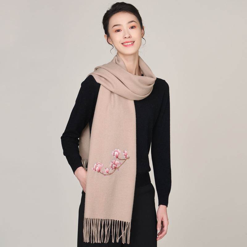 Handmade Suzhou Embroidery Wool Cashmere Scarf with Magnolia Flower 200x38cm - Image 2