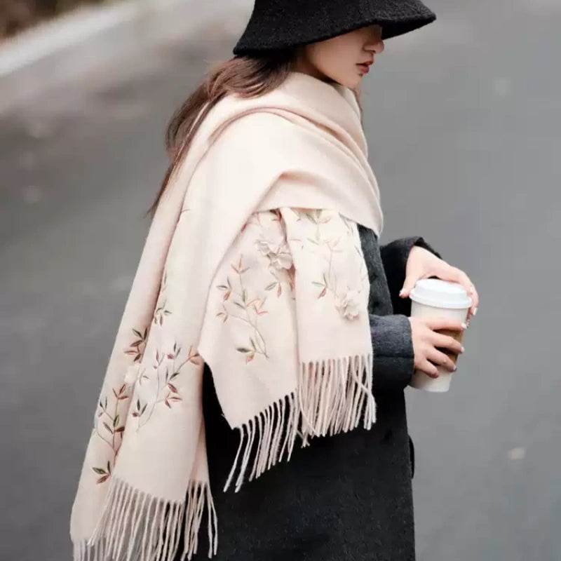 Embroidery 100% Pure Cashmere Scarf Rose 200x60 cm - Image 2