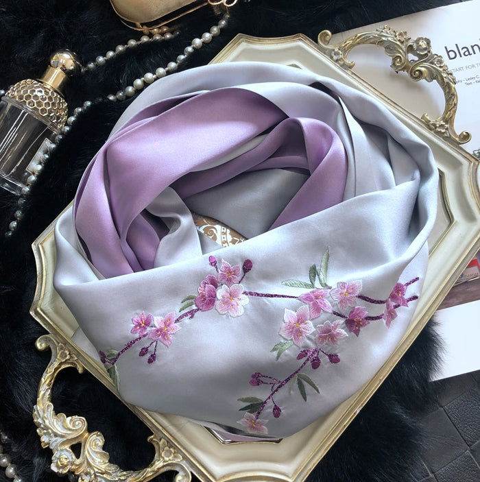 Handmade Su Embroidery 16 Momme Silk Scarf Orchid 155x35cm - Image 2