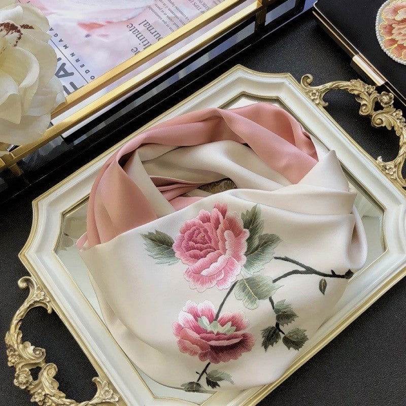 Handmade Su Embroidery 16 Momme Silk Scarf Peony 155x35cm - Image 3