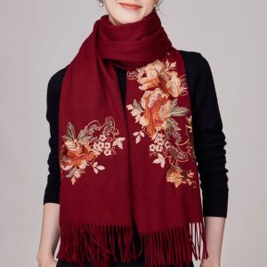 Embroidery Premium 100% Wool Cashmere Scarf Prosperous Peony Pattern 200 x 60 cm