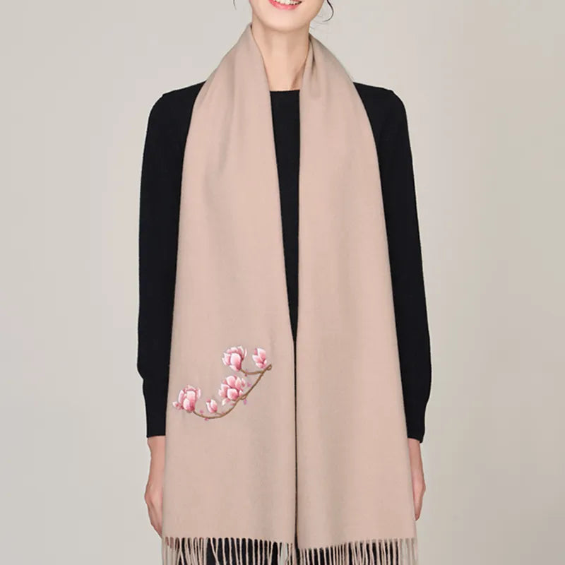 Handmade Suzhou Embroidery Wool Cashmere Scarf With Magnolia Flower 200 x 38 cm - Image 2