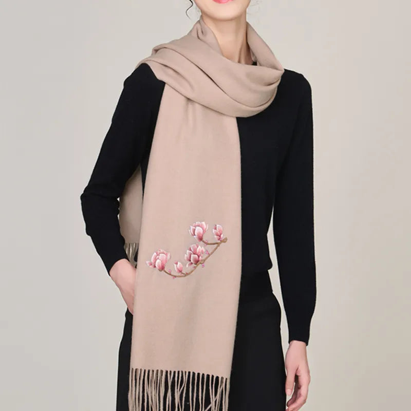 Handmade Suzhou Embroidery Wool Cashmere Scarf With Magnolia Flower 200 x 38 cm - Image 6