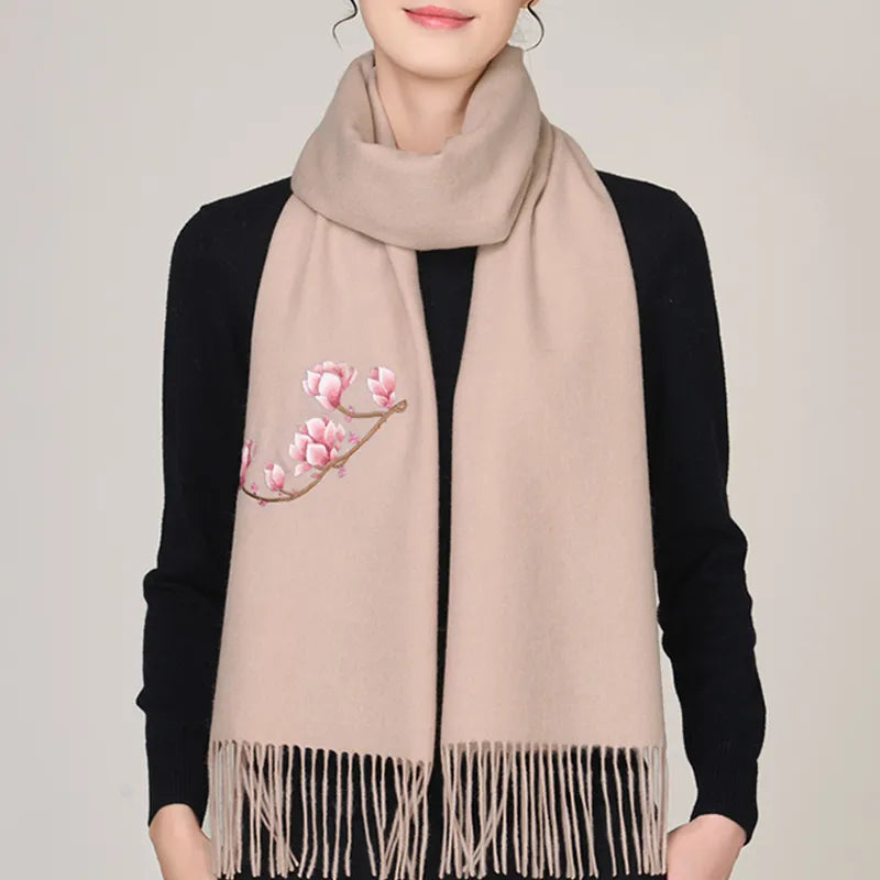 Handmade Suzhou Embroidery Wool Cashmere Scarf With Magnolia Flower 200 x 38 cm - Image 8