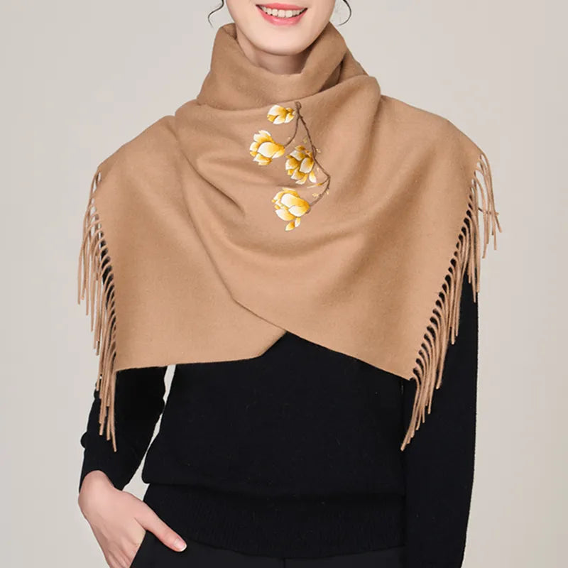 Handmade Suzhou Embroidery Wool Cashmere Scarf With Magnolia Flower 200 x 38 cm - Image 3