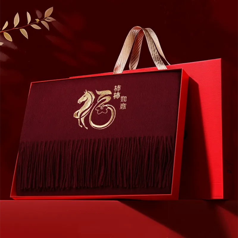 Luxury Embroidered Wool Cashmere Scarf – Horse & Persimmon Pattern - Image 6