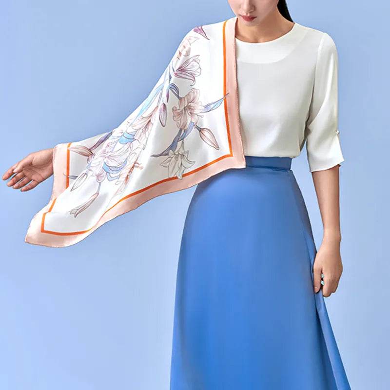 100% Mulberry Silk Summer Lily Square Scarf 70 x 70 Cm - Image 8