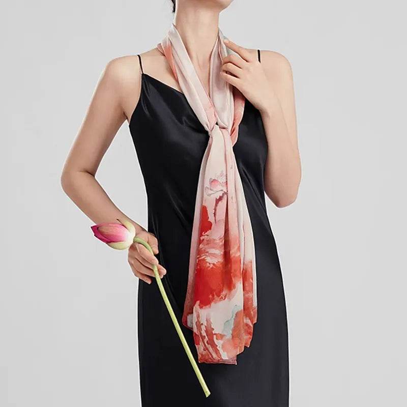 100% Mulberry Silk Ink Lotus Serene Design Long Scarf 180 x 50 Cm - Image 7